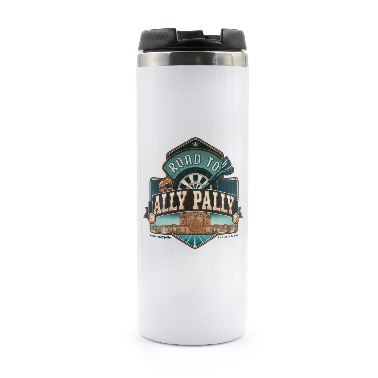 Thermokaffeebecher aus Edelstahl mit Logo "Road to Ally Pally"